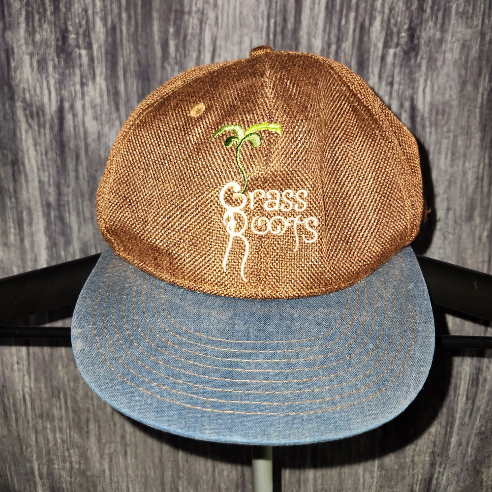Grass Roots Brown Blue Adjustable Hat‎ with Embroidered Logo and Plant